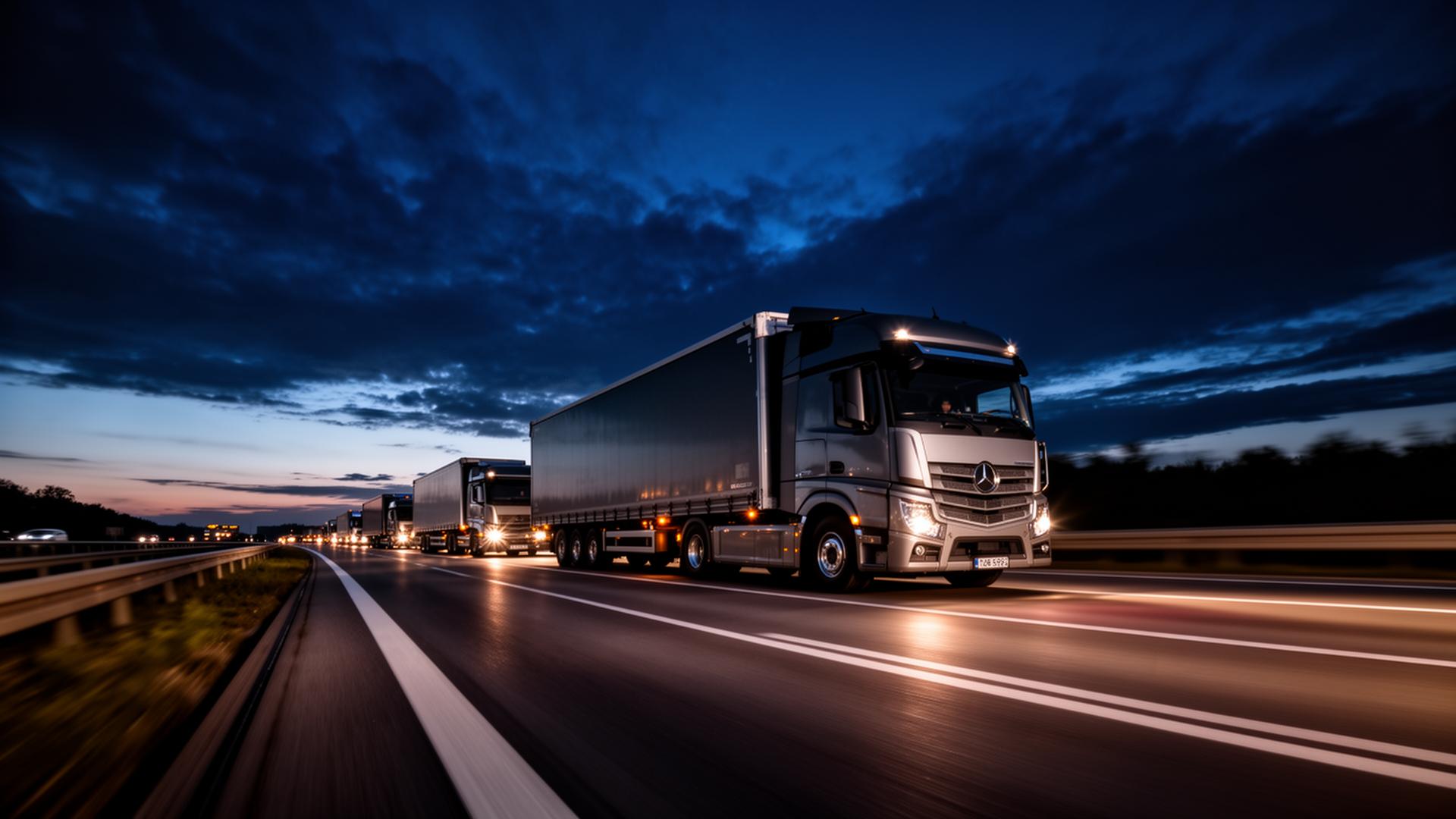 Europäische Lkw auf der Autobahn in der Dämmerung